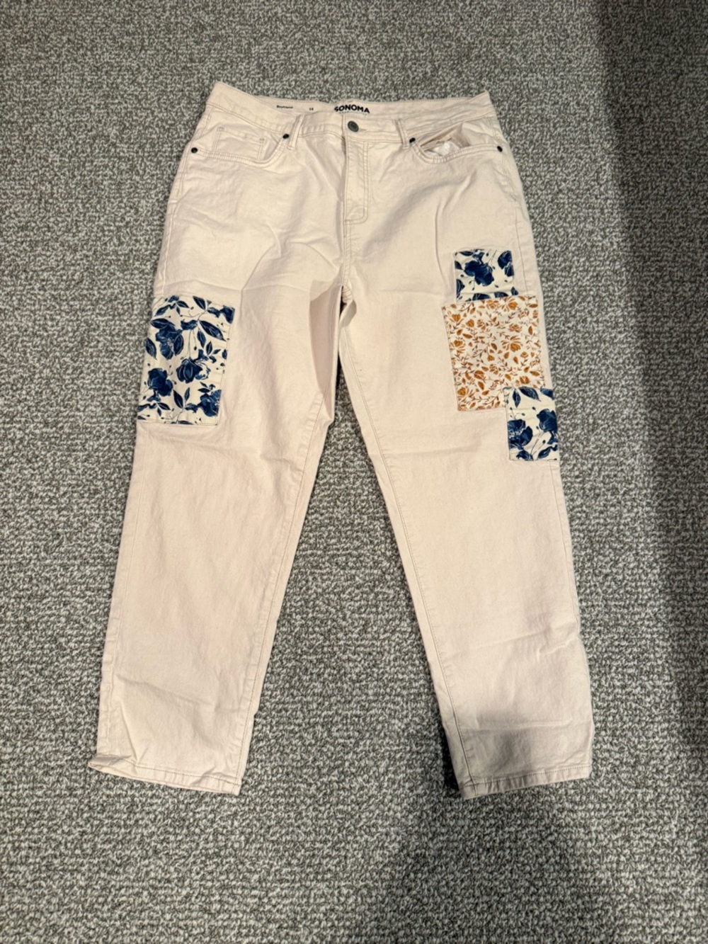 SONOMA Cream Straight-Leg Jeans with Blue & Tan Floral Patches